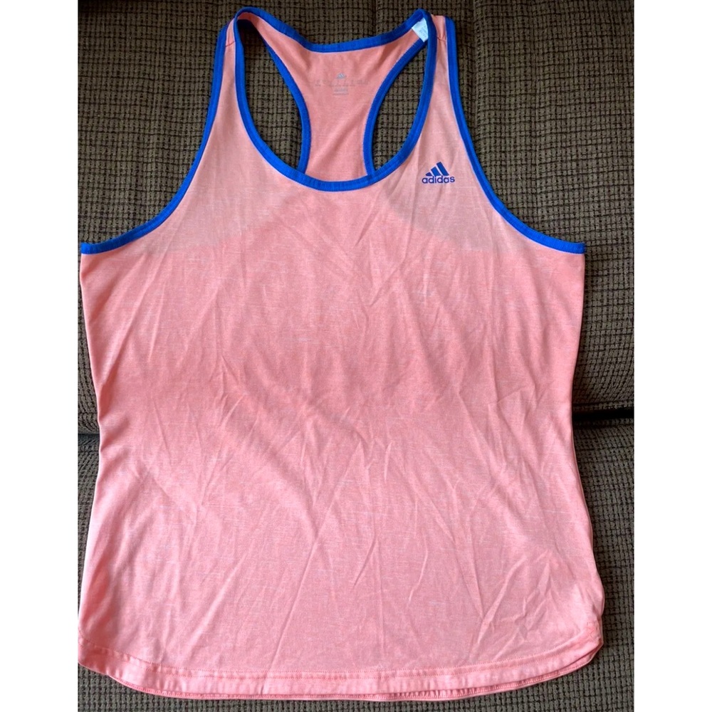 Adidas Womens ClimaLite Racers Back Fitness Tank Top Peach Heather Blue Lg- EUC!